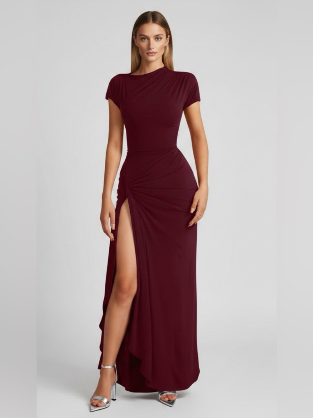 TIK TOK Viral Ruched Side-Slit Maxi Dress in Burgundy